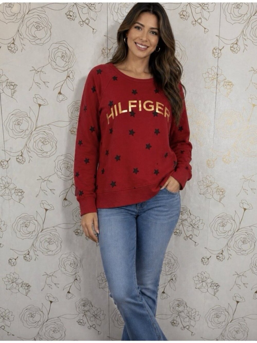 Tommy Hilfiger  Knit Sweater Medium Women's Boxy Cropped  Red Stars Logo NWT 01